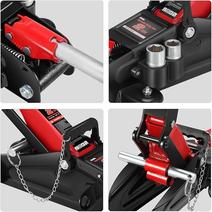 DNA MOTORING Floor Jack with Socket and Lock, Low Profile Hydraulic Trolley Jack for Cars Lift, 2 Ton (4000 lbs) Capacity, Lifting Range 5.12"-13", Red, TOOLS-00677-RD