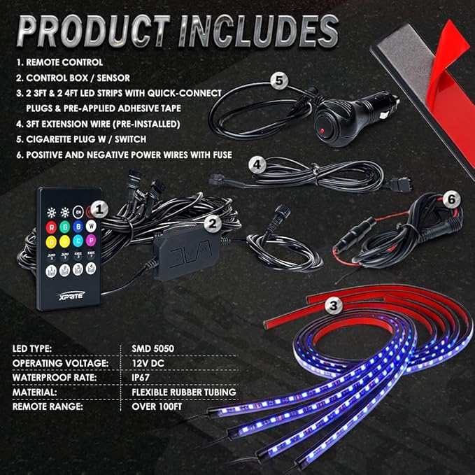 Xprite 4Pcs Underglow LED Lights for Cars, 8 Color RGB 252 LEDs Sound Active Function Music Mode Underglow Kit, Bluetooth APP & Remote Control, Waterproof Underbody Neon Strip Light for Car SUV Truck