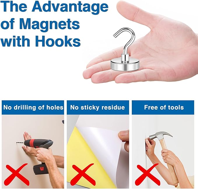LOVIMAG Magnetic Hooks for Cruise Cabins, 110lbs Magnetic Hooks for Classroom, Strong Magnets with Hooks for Hanging, Neodymium Magnet Hooks for Fridge, Ceiling, Locker, Camper, Travel-25 Pcs