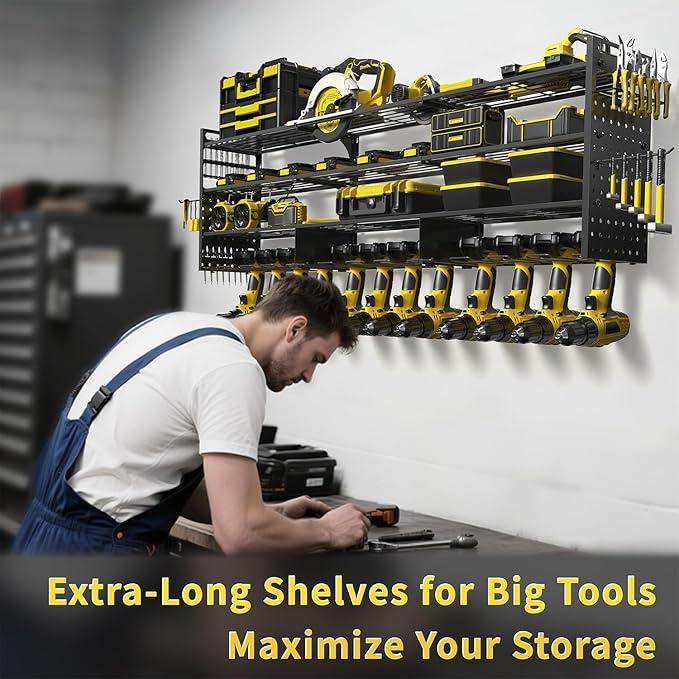 Power Tool Organizer Wall Mount, 49" Heavy Duty 4-Tier Garage Storage Shelf with 12 Drills Holder, Pegboard Side Panels,4 Long Hooks, Large Tool Battery Holder Metal Tool Shelf Rack