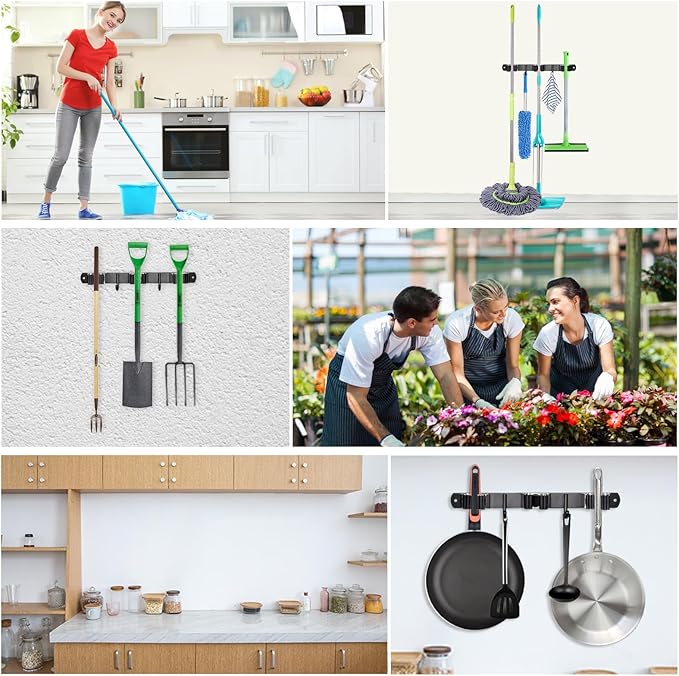 Huryfox Heavy-Duty Stainless Steel Broom Holder, Black, Wall Mount, 1-4 cm Diameter Compatible, Adjustable, 3 Racks, 2 Hooks, Space-Saving