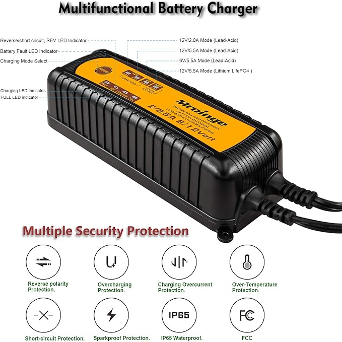 MBC055, 6V/12V 5.5A Smart Vehicle Battery Charger Maintainer for Cars Motorcycles RVs TVs Boat for Normal Lead Acid Gel AGM Sealed Wet or 12V-Lithium(LiFePO4) Batteries, with IP65 Waterproof