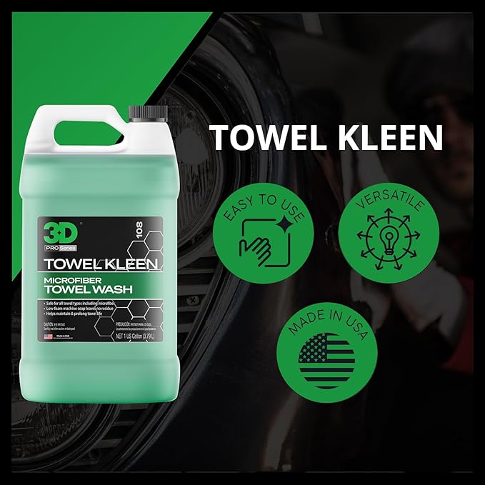 3D Towel Kleen Concentrated Microfiber Towel Detergent - Deep Cleans, Restores & Maintains Car Wash Towel Life - Low Foam, No Residue Premium Laundry Soap 1 Gallon