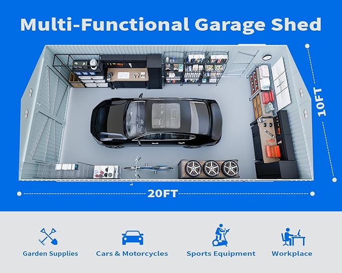 10x20 Metal Shed, Metal Garage Building with 2 Lockable Doors, Prefab Garage Shed with 4 Air Vents, Large Sheds & Outdoor Storage Clearance, Car Sheds for Truck, Tool, Lawnmower, Dark Gray