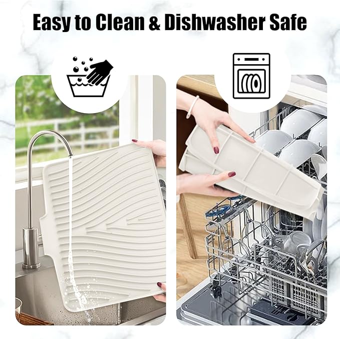 Silicone Dish Drying Mat for Kitchen Counter, Dish Drying Pad, Non-Slip Drain Pad with Built-in Drain, Heat Resistant Stone Drying Mat(15.8" x 13", Cream)