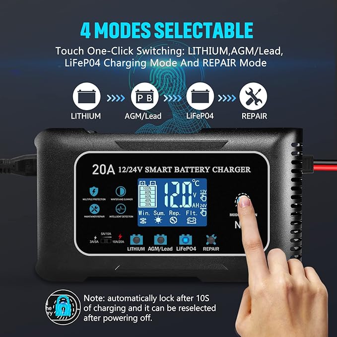 20-Amp Lifepo4 Lithium AGM Gel Smart Battery Charger, 12V/20A 24V/10A Trickle Charger, Maintainer for car Boat Motorcycle, Lawn Mower