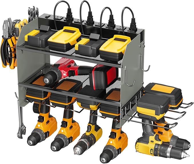 CCCEI Modular Power Tool Organizer Wall Mount Charging Station, Grey 6 Drills Holder with 8 Plug Power Strip 6FT, Garage Drill Battery Heavy Duty Metal Shelf, Utility Rack with Hooks, Side Storage.