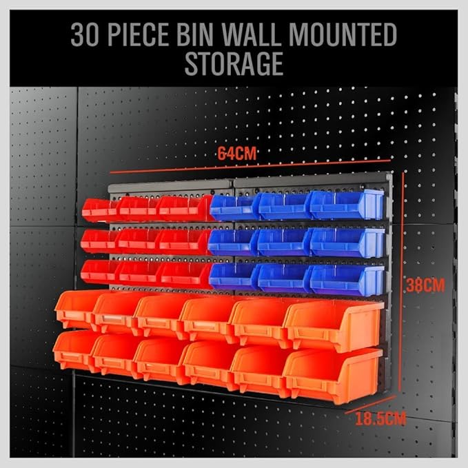 HORUSDY Wall Mounted Storage Bins Parts Rack 30PC Organizer Garage Plastic Shop Tool for Men's Gift, Blue,Orange,Red