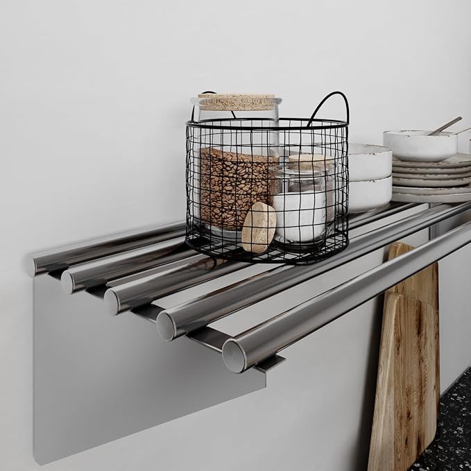 AmGood 14 in. x 48 in. NSF Stainless Steel Tubular Wall Shelf | Heavy-Duty Metal Shelving for Appliances & Equipment | Ideal for Kitchen, Restaurant, Garage, Laundry, Utility Room
