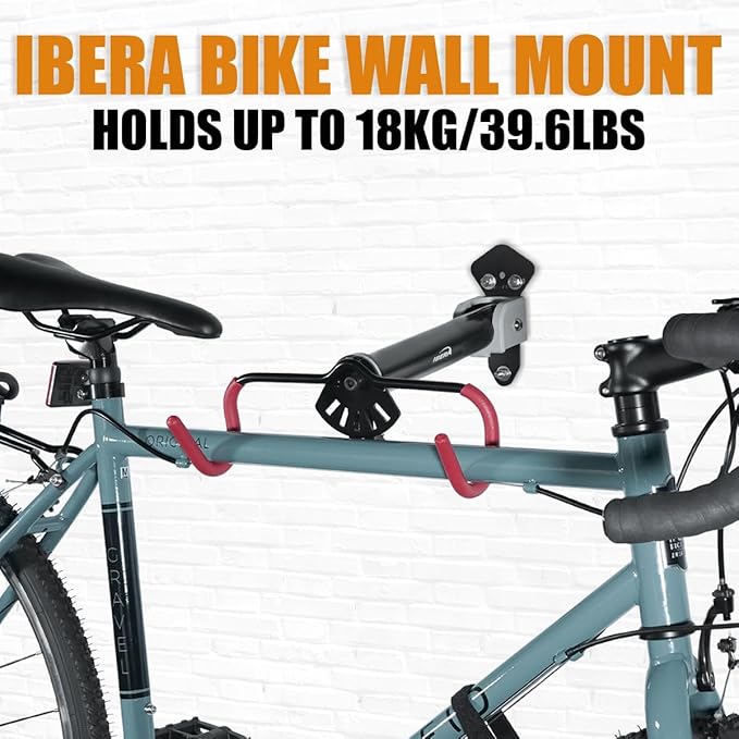 Ibera Bike Wall Mount - Secure Bike Storage up to 18kg with Adjustable Frame Holder & Soft Rubber Cradles - Garage Bike Rack for Road, MTB, Kids, Hybrid Bikes - Easy Installation & Space-Saving Design