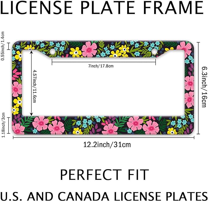 Floral License Plate Frame, Flowers License Plate Holder Covers, Metal Aluminum Rustproof Car Accessories for Us Canada Standard Women Men 2 Holes with Screw Caps