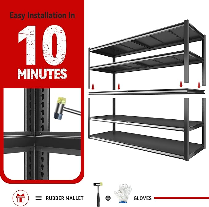 REIBII 78" H Storage Shelves, Garage Shelving Heavy Duty Load 3000LBS, Adjustable Garage Shelving, 5 Tier Metal Shelves Unit for Storage Rack, Basement, 55" W x 26" D x 78" H, Black, 4 Pack