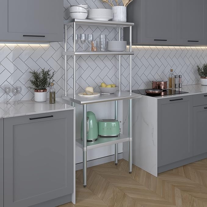 AmGood Stainless Steel Work Table Double Tier Overshelf | 18" x 30" Work Table + 12" Overshelf