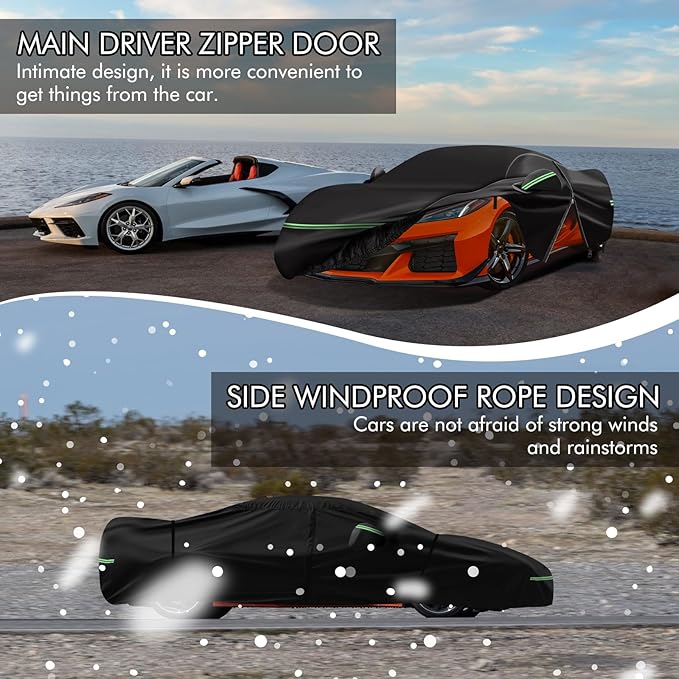 for Corvette 2020-2023 C8 Car Cover 210D Outdoor Waterproof UV Protection, with Cotton Layer, Zipper Door, Reflective Strip, Storage Bag, for Chevy C8