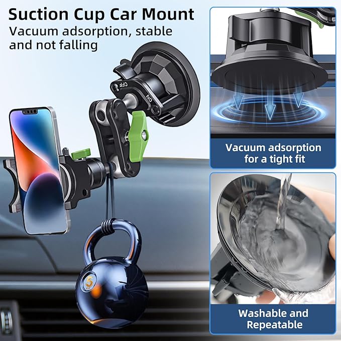HEMMOTOP Suction Cup Car Phone Mount, 12 in Heavy Duty Metal Cell Phone Holder for Windshield, 360° Rotation Vacuum Magic Arm for iPhone All Smartphone & Cars Truck