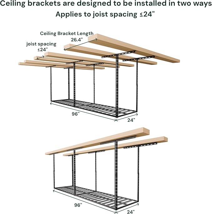 SunsGrove 2x8 Garage Storage Overhead Rack Organization, Adjustable Ceiling Mounted Storage Racks, 800LBS Weight Capacity, 22"-40" Ceiling Dropdown, 2 Pcs, Black