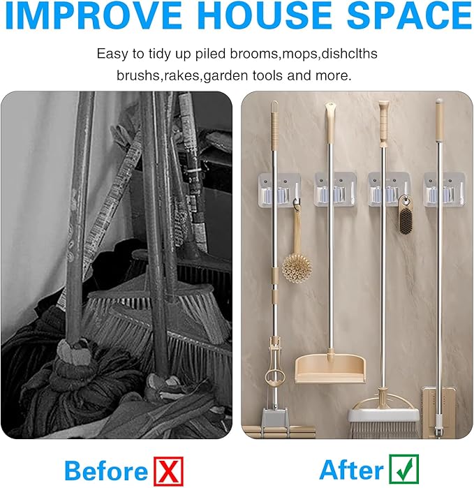 5 Pack Broom Holder Heavy Duty Stainless Steel Broom Hanger with Hooks Screw Drilling Rust Resistant Mop and Broom Holder Wall Mount for Bathroom Kitchen Laundry Room Garage - Silver