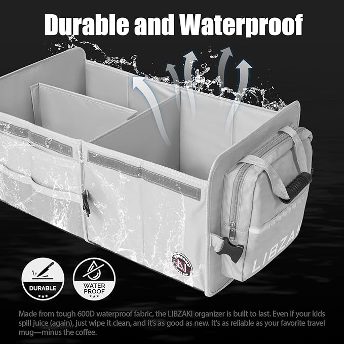 LIBZAKI Car Trunk Storage Organizer, Multi Compartment Collapsible Trunk Storage Box for Car Truck SUV-Gray