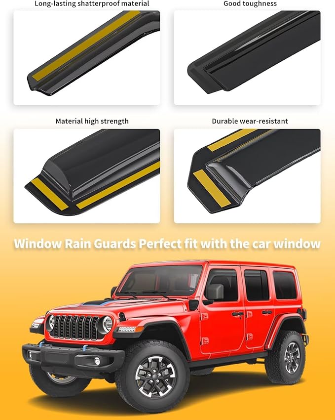 in-Channel Window Rain Guards Fit for Truck Jeep Wrangler JL 2018-2025 and Gladiator 2020-2025 Extra Durable Window Visors Window Deflectors Vent Visors Vent Shades Car Accessories-4 pcs