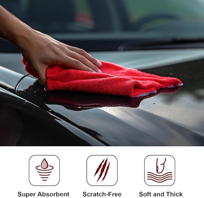 Shimeyao 30 Pcs Edgeless Microfiber Plush Towels for Cars Detailing Drying Wash Polishing Absorbent Cleaning Cloths, 500 GSM, 16 x 16 Inch(Red)