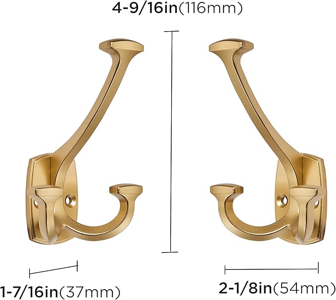 Large Wall Double-Sided Hook 5 Pack Gold Hook Decorative Heavy Duty Solid Large Coat Hooks for Towel Hanging Coats Robe Towel Bags Door Back 2 Prong Hooks