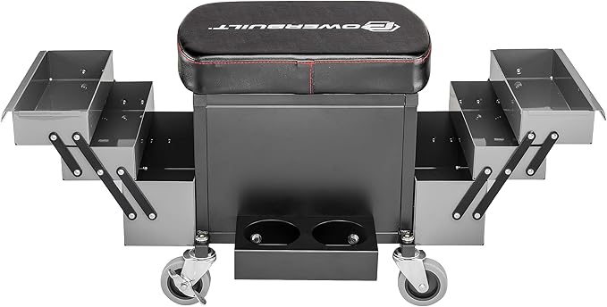 Powerbuilt Rolling Seat with Expandable Tool Trays, Roller Toolbox Garage Stool - Grey 941918ECE