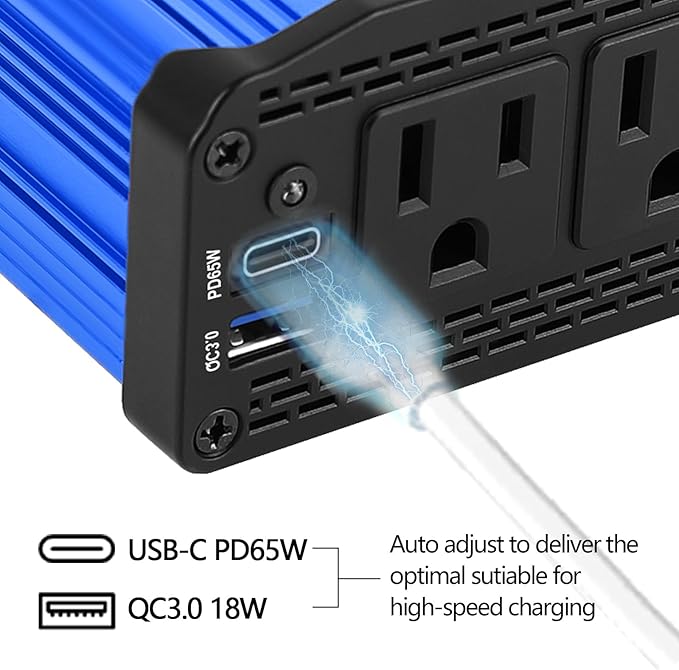 ALLWEI 300W Car Power Inverter DC 12V to 110V AC Power inverters for Vehicles Converter USB-C PD65W/18W USB Fast Charging Ports Car Charger Adapter (Blue)