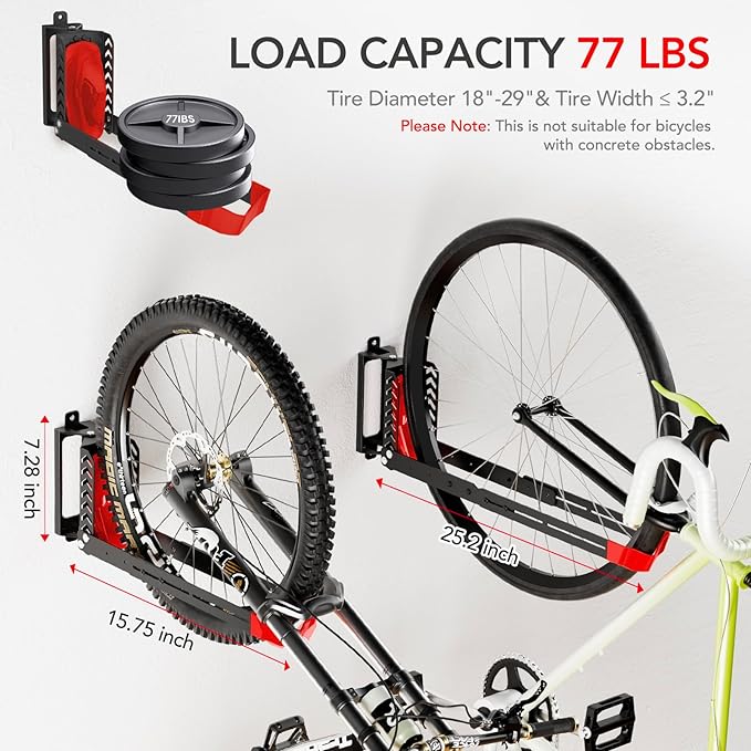 2-Pack Swivel Bike Rack Wall Mount, Bike Hangers for Garage, Space-Saving Vertical Bike Holder, Holds up to 77 lbs, Bicycle Wall Hanger Storage, No Heavy Lifting Required Indoor Hanging Bike Rack-Red