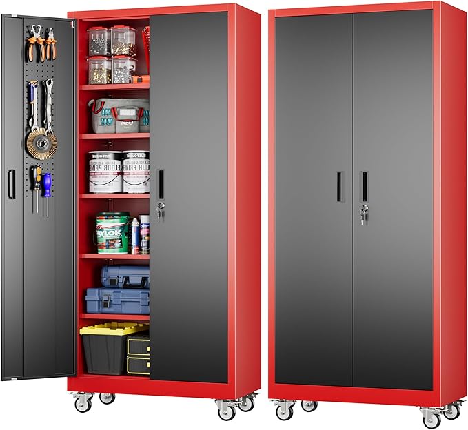 Garage Storage Cabinet with Pegboard and 5 Adjustable Shelves, 71'' x 32'' x 16''Metal Lockable Cabinet with Magnetic Doors,Tool Storage,Home Office Garage,Gym,School (Black-red)