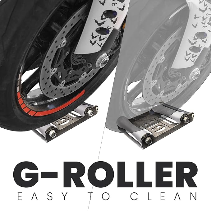 GRAND PITSTOP Motorcycle Roller Wheel Cleaning Stand - Paddock Stand Replacement - Wheel Roller Stand with Ramp Support for tire Cleaning & Chain Lubrication (Roller Large Antic Silver)