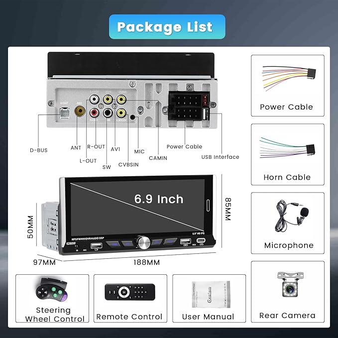 6.9 Inch Single Din Car Stereo with Wireless Carplay Android Auto, HD Touchscreen Radio Receiver with Bluetooth5.0 Audio FM/RDS EQ SWC Mirror Link USB/Type-C Port Backup Camera