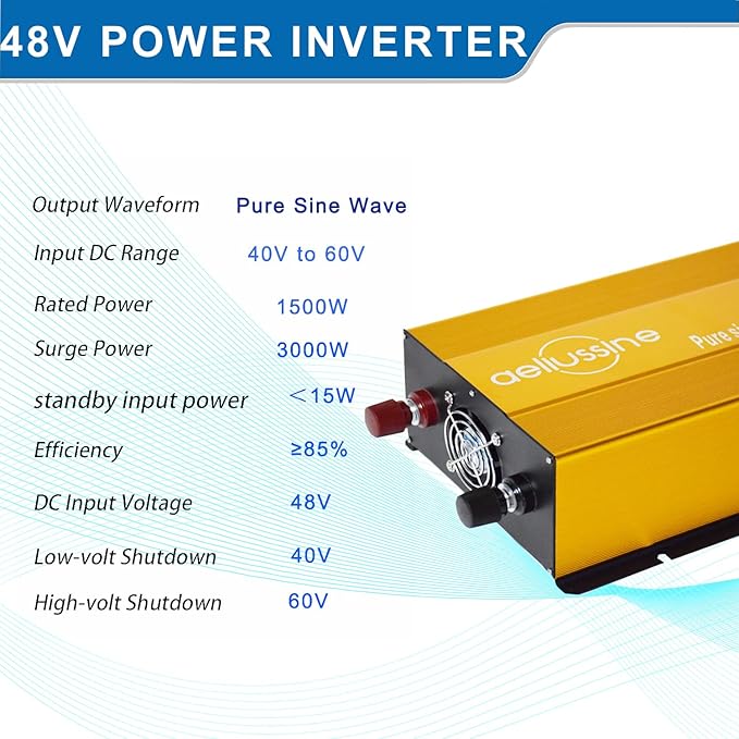 1500W Pure Sine Wave Inverter-48V DC to 110V 120V AC Power Converter with 2 AC Outlets, 48 Volt Power Inverter for Truck, Rv, Camping, Home, Emergency Power