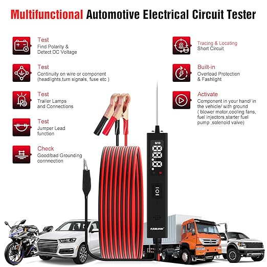 Car Circuit Tester, 12V & 24V DC Automotive Test Light, LED Power Circuit Probe Tester, Fuse Voltage Tester, Short Circuit Finder Component Activation Continuity Tester
