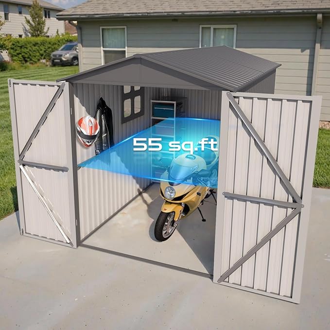 5’ x 10’ Motorcycle Storage Sheds, Metal Shelter & Garage with Windows and Lockable Door Handle, Heavy Duty Vehicle Shed for All Weather, Anthracite with White Trim