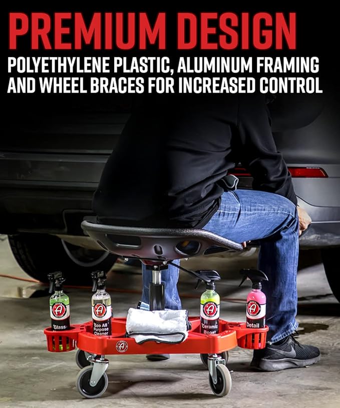Adam's Polishes Pro Rolling Stool, Car Detailing Stool Chair, Shop Stool with Wheels, Garage Organizer, Tool Organizer Tray, Adjustable Height for Car Cleaning Buffer Polisher Ceramic Coating Car Wax