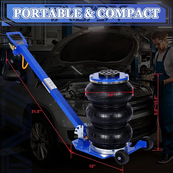 3T Triple Bag Air Jack 6600lbs Pneumatic Jack 3s Fast Lift Up 16in Airbag Jack with Adjustable Long Handle Heavy Duty Triple Air Bag Jack Lift for Cars Garage (Blue)