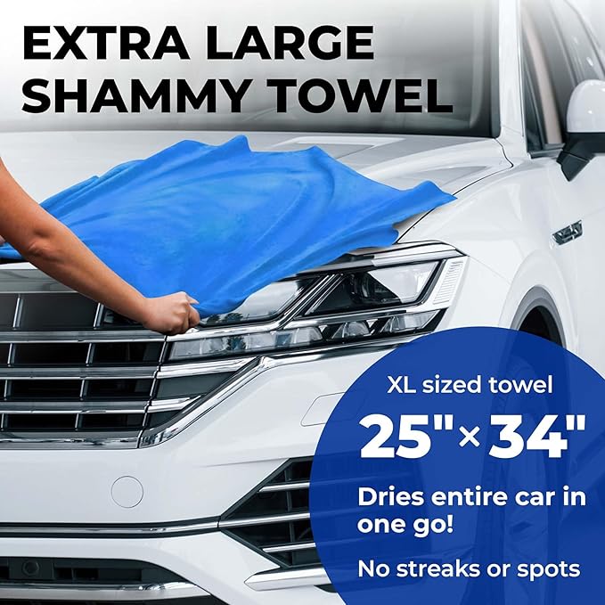 Premium XL Shammy Towel for Car - 2pk (34”x25”) - Super Absorbent Chamois Cloth - Spots & Scratch-Free - Reusable Car Drying Towels