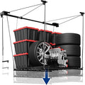 FLEXIMOUNTS Overhead Garage Storage Rack Lift, 4x4 Ft Heavy-Duty Garage Ceiling Storage Racks, Adjustable Organization System With 71'' L Axle, 300lbs Load Capacity, Flat Black