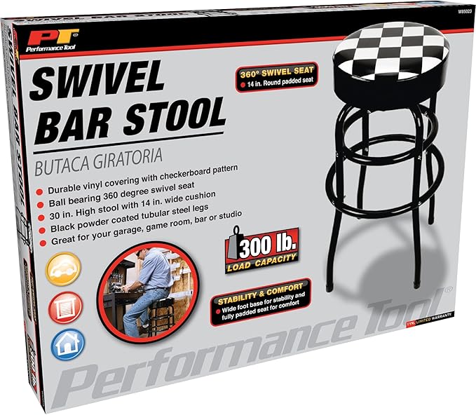Performance Tool W85023 28-1/2-Inch Checkerboard 360 Degree Swivel Stool, Heavy Duty Steel Frame Is Perfect for Home, Bar and Shop