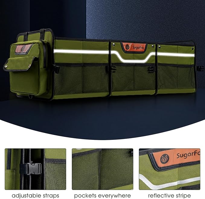Trunk Organizer, Heavy-Duty Storage for Car & SUV, Foldable Waterproof Car Organizer with Cooler, Collapsible Multi-Compartment Storage, 95L, Green-M003