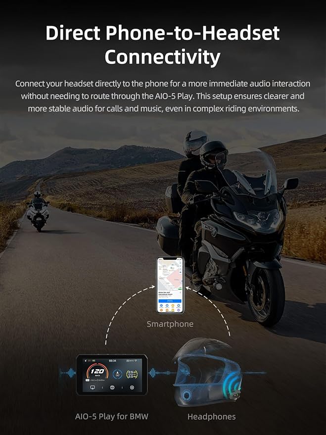 AIO-5 Play for BMW Motorcycles, 3-Pin Interface, Plug-and-Play Smart Display with CarPlay & Android Auto, 60FPS Mode, IP68 Waterproof, Built-in GPS, Anti-Theft Alarm, Data Reading
