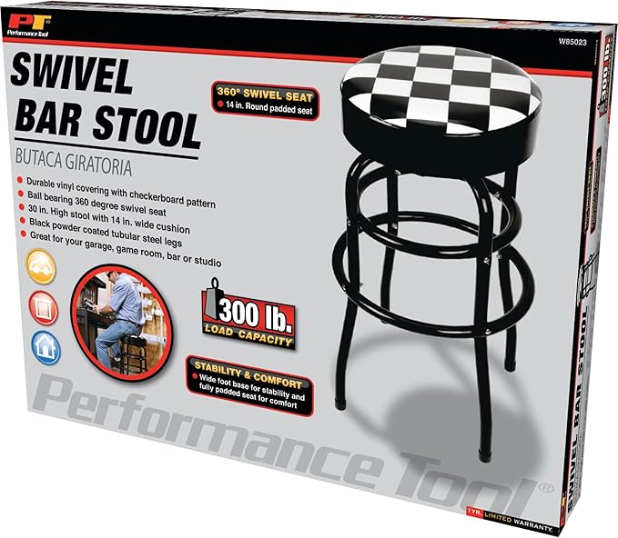 Performance Tool W85023 28-1/2-Inch Checkerboard 360 Degree Swivel Stool, Heavy Duty Steel Frame Is Perfect for Home, Bar and Shop