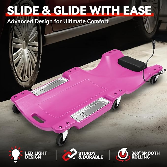 Auto Dynasty 40 Inches Mechanic Creeper, Automotive Garage Repair Low Profile Under Car Rolling Creeper with LED Light and Padded Headrest, Plastic, Purple