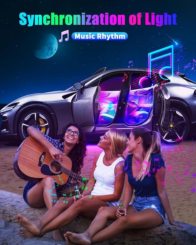 72LED USB Interior Strip Lights Dream Color RGB-IC 12V DC with App RF Remote Control Multicolor Footwell Under Dash Chasing Inside Light Kits Music Sync Mode for Cars Truck ATV UTV with Car Charger