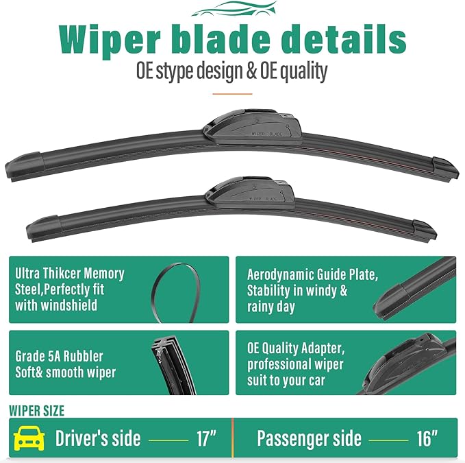17" 16" 10" Windshield Wiper Blades Replacement for Hummer H3 2006 2007 2008 2009 2010 Premium All Weather Front Rear Wipers Set - OEM Quality (Pack of 3)