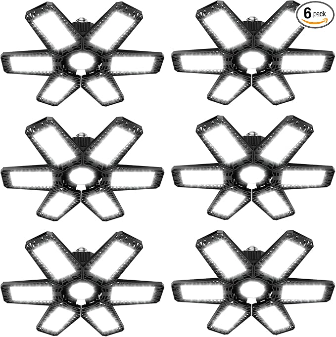 ISKYDRAW Garage Lights Bulb - 6 Pack 200W Garage Lights Ceiling LED 20000LM 6500K Led Shop Light with 6 Deformable Panels, Screw in E26 E27 Socket Basement Lighting for Workshop Barn Attic