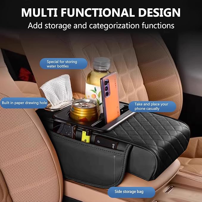 Universal Car Armrest Cushion Organizer, Leather Armrest Cover for Car, 5-in-1 Center Console Cover with Cup Holder, Tissue Box Slot, Mobile Phone Storage Slot, Black