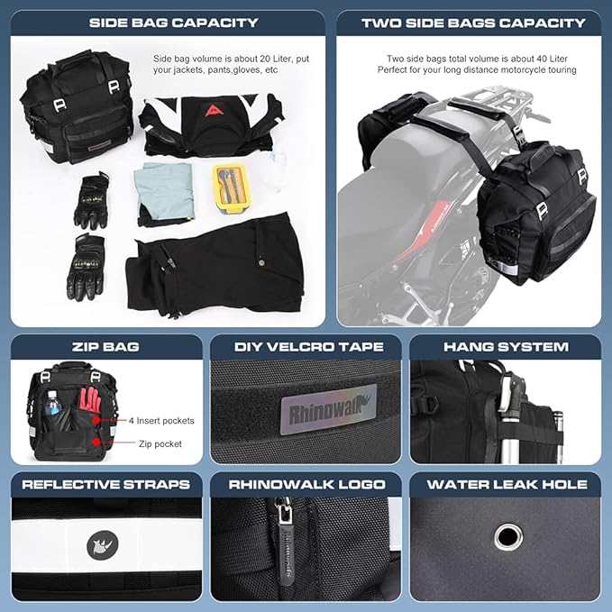 Rhinowalk Motorcycle Saddle Bag Waterproof Motor Pannier Bag Luggage Pack Quick Release Motorbike Side Bag 20L (Black)