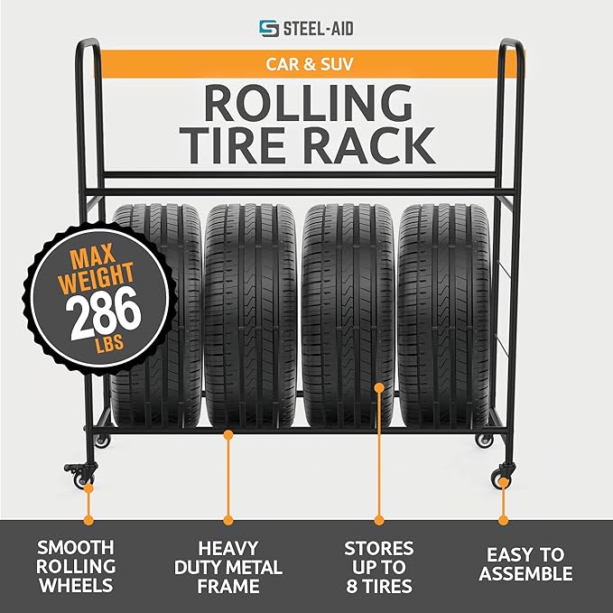 Rolling Tire Rack – Metal, Adjustable, Tire Stand & Protective Cover, Included 4 Adjustable Non Rolling Legs [Updated 48'' L with 4 Wheels Included]