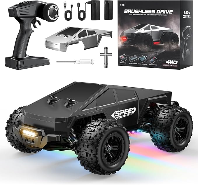 WayEee RC Car 1/16 Brushless Fast Cars Toys for Adults and Boys 8+, Max 35 mph High Speed 4X4 Truck, 2.4GHz Remote Control, 2 Replaceable PVC Shell, All Terrain Vehicle, Colorful LED Lights